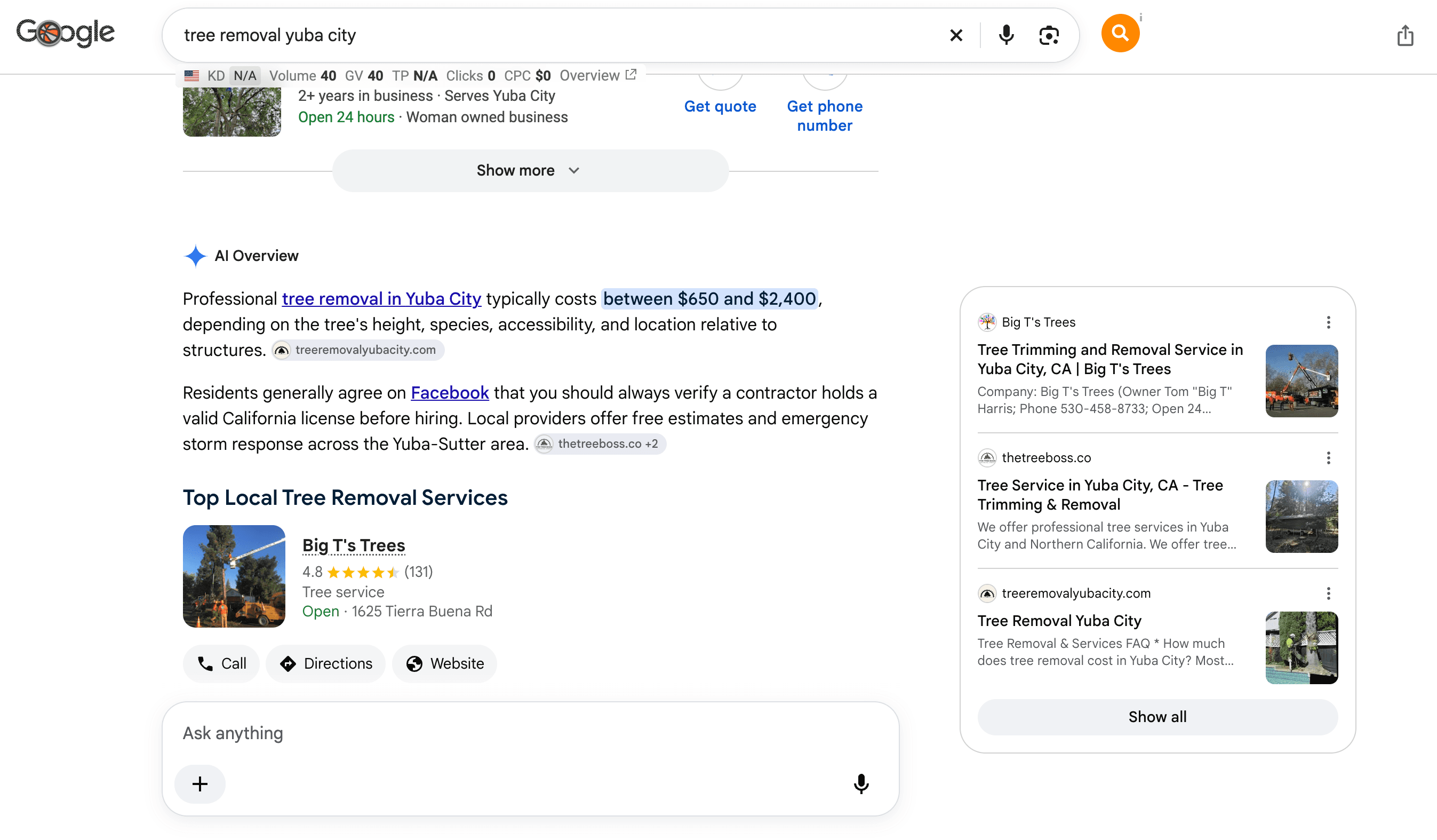 Google AI Overview for “tree removal yuba city” citing treeremovalyubacity.com for the cost of tree removal and listing it as a source